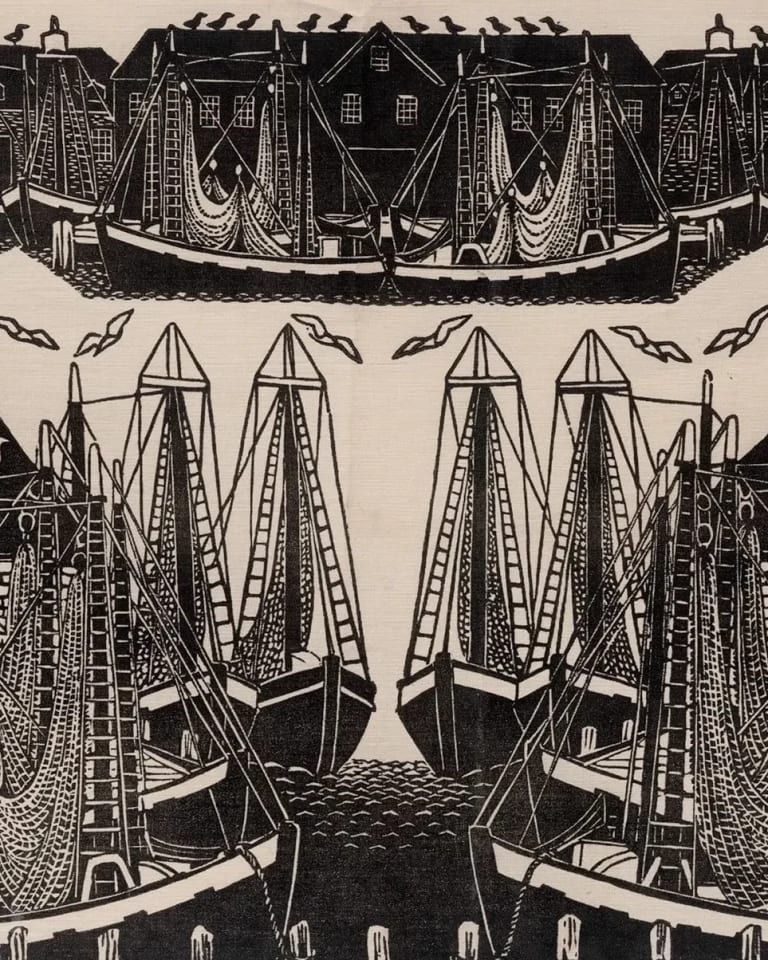 Black and white block print of a harbor with many 18th century boats at dock