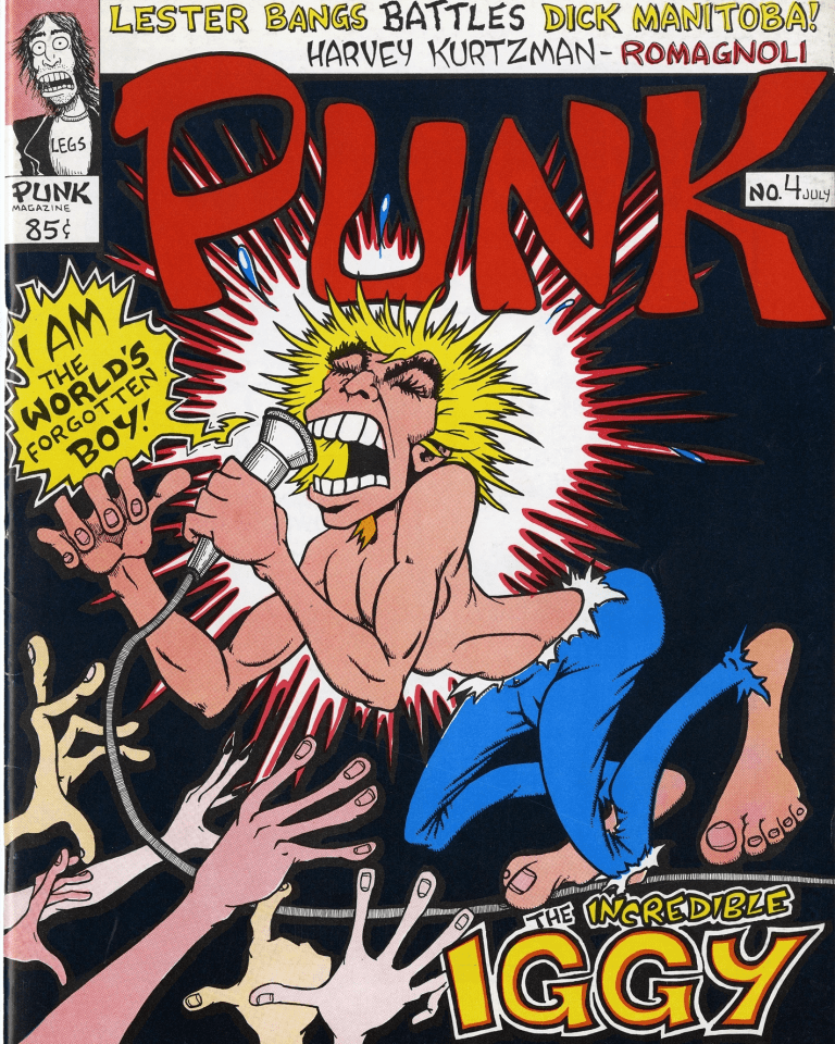 Illustrated cover of a punk magazine depicting a shirtless man passionately singing into a microphone while several hands coming from off the page reach up towards him. He is singing the words "I am the world's forgotten boy" and the text under him reads "The incredible Iggy"