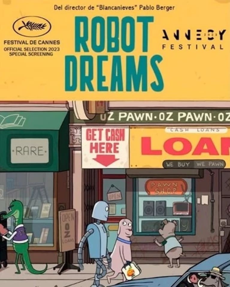 Poster for an animated TV show depicting a robot and a dog-like creature walking across a fictional New York City populated by antropomorphic animals. 