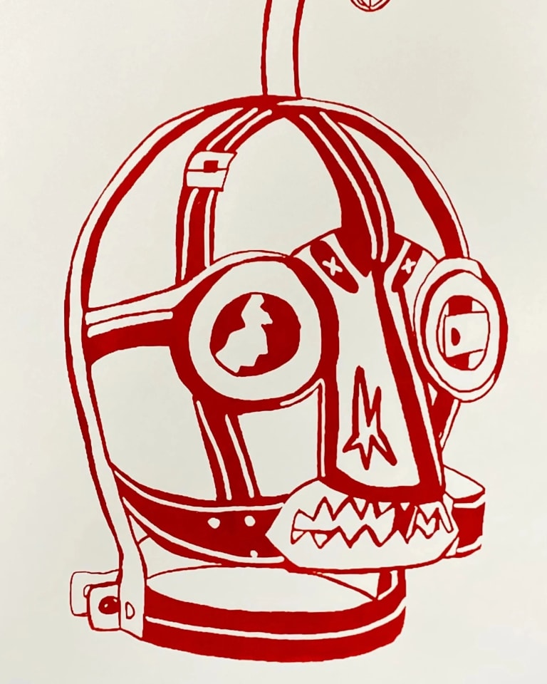 Print of a mask-like structure in red