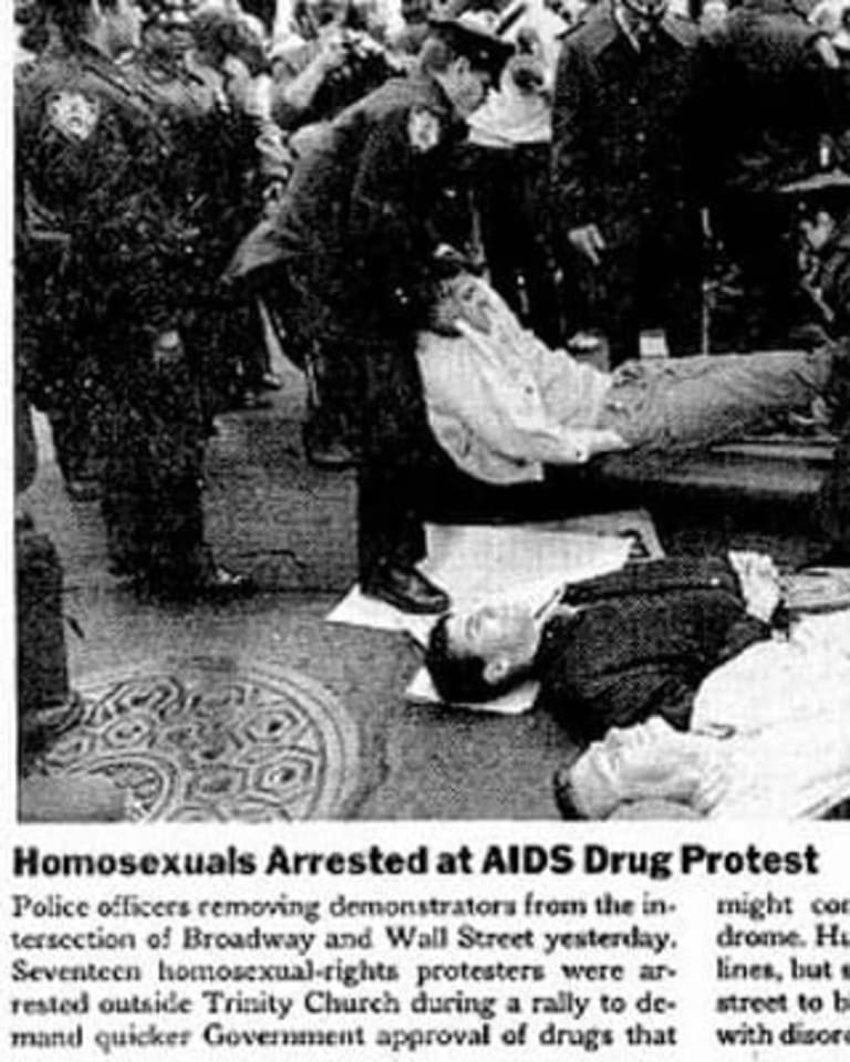 Newspaper clipping of gay activists being arrested at first ACT UP action