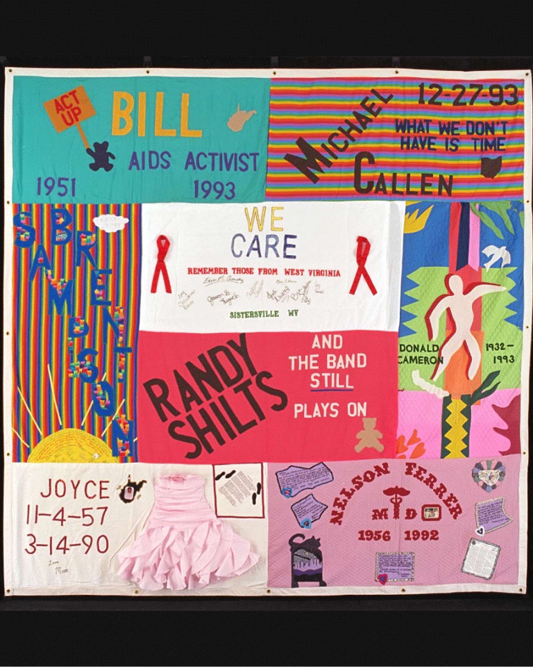 Image showing an AIDS quilt block with eight AIDS quilt panels.