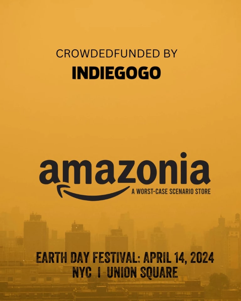 Yellow background with NYC skyline with black text - Amazonia: A Worst-Case Scenario Pop-up Store powered by IndieGoGo, Earth Day Festival, April 14 in Union Square NYC