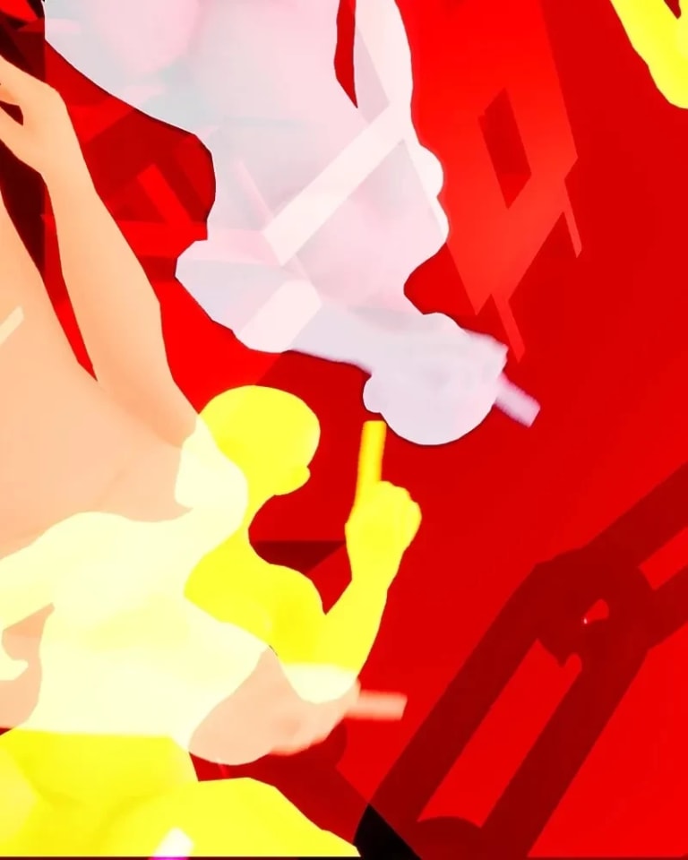 Video still of highly saturated, graphic outlines of human figures in different colors on a red background with a large chain overlaid on it.