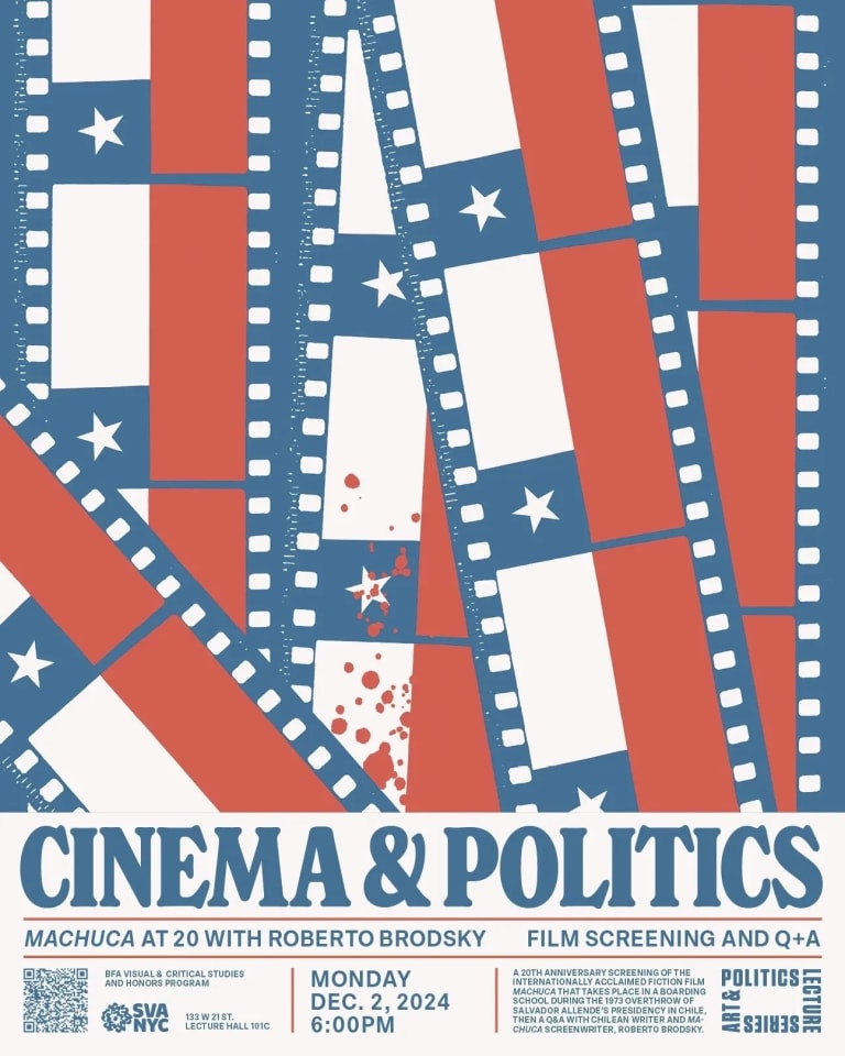 Event poster, film strips with Chilean flag and a splatter of blood