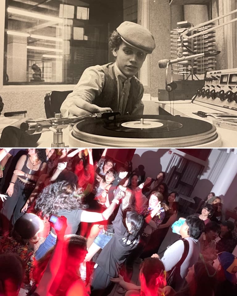 Two images, the first one is a sepia picture of a DJ in the 80s with a vinyl record, and the second one is a modern picture of young people at a dance party.