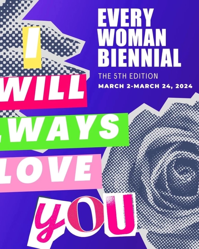 Exhibition invitation for “I Will Always Love You” with the event information superimposed over a gray and white stippled image of a hand reaching for a rose, presented against a purple background.