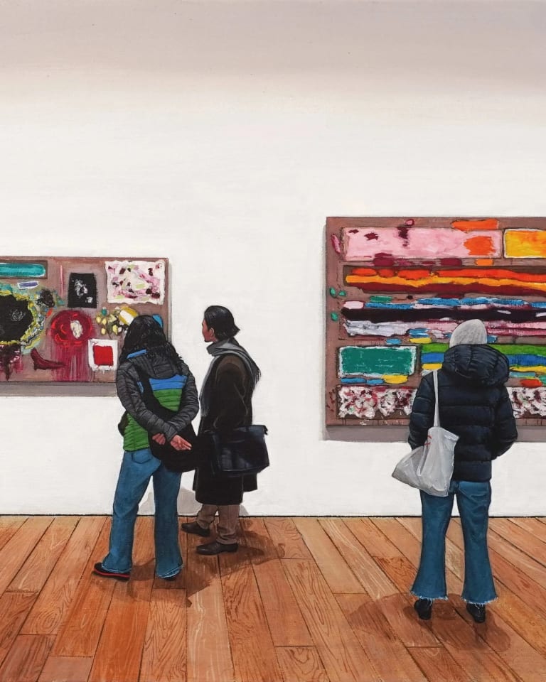 Painting of four people dressed in street clothes looking at two of Joan Snyder's paintings on the wall at Canada gallery. The walls are white and the floors are a wood, a warm tone. The Joan Snyder paintings depicted are colorful and abstract.