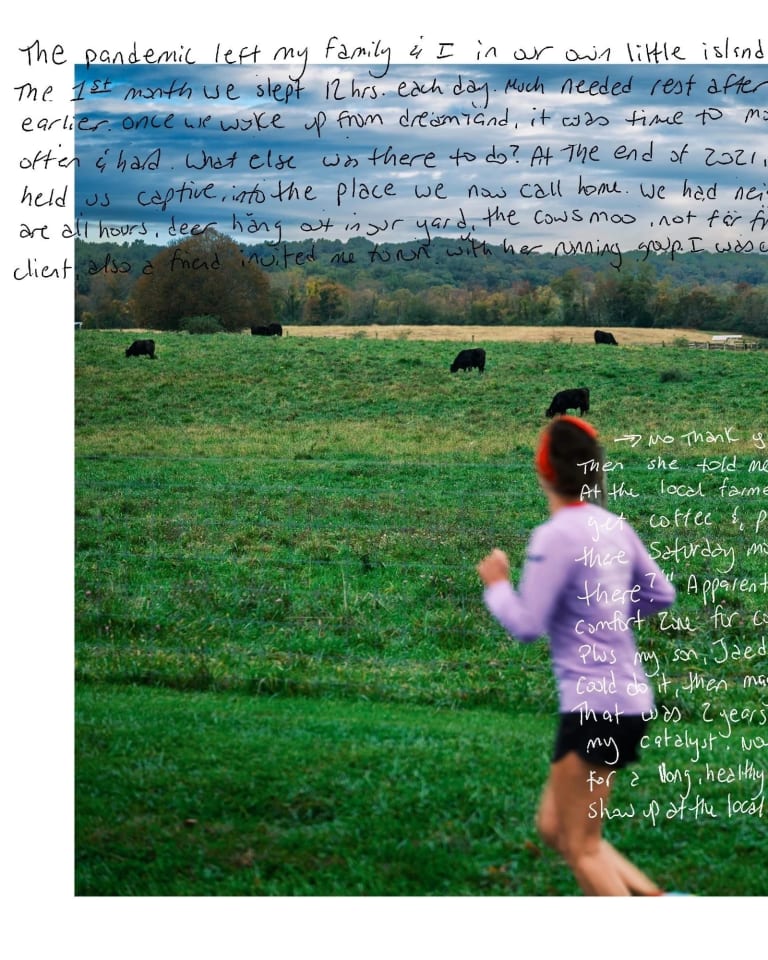 A photo of a woman running in a field, writing is overlaid on top
