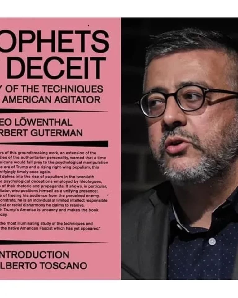 Image of the speaker Samir Gandesha and the book cover of Prophets of Deceit