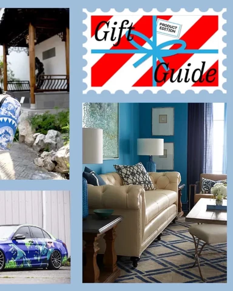 A collage of multiple different products with a blue color scheme, with the words "Gift Guide" in the top right corner