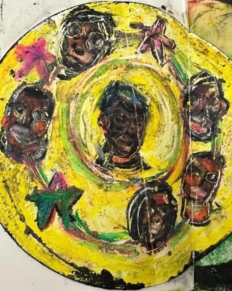 Abstract illustration with oil pastels. A large yellow wheel holds 5 different faces, with one in the middle.