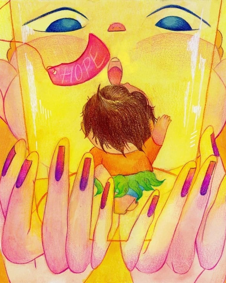 A glowy, color pencil illustration in largely yellow and bright tones, with purple details. A large woman is depicted holding the child in her hands close to her face. There is a tag that reads "Hope" coming from the top of the woman's head. 