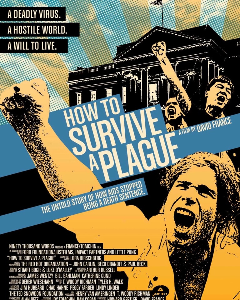 Poster for film How to Survive a Plague, activists with fists raised, sunrise imagery