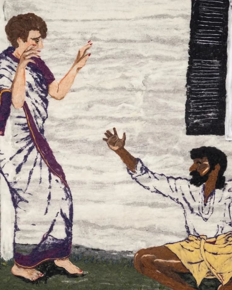 A crop of an artwork by Melissa Joseph entitled "Indian Dirty Dancing," from 2024.  Made of needle felted wool on industrial felt , it stretches 108 x 144 inches, and depicts a man and a woman dancing.