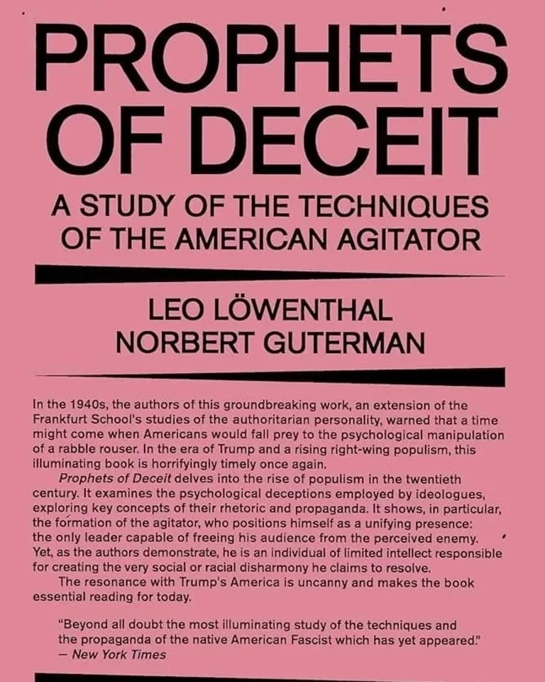 Cover of Lowenthal and Guterman book, Prophets of Deceit, with text on pink