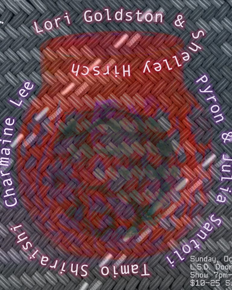 event invitation card with performers’ names displayed in a loose circle over a basket weave pattern with a red vaselike shape surrounded by gray