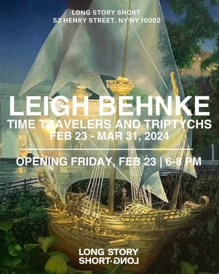 A square exhibition announcement card with the artist, title, and gallery information in white sans-serif block text over a painting of a ghosty yellow schooner sitting in a bed of lush green foliage, with a modern city in the distance across a river.  The time is late evening and the sky is dark blue.