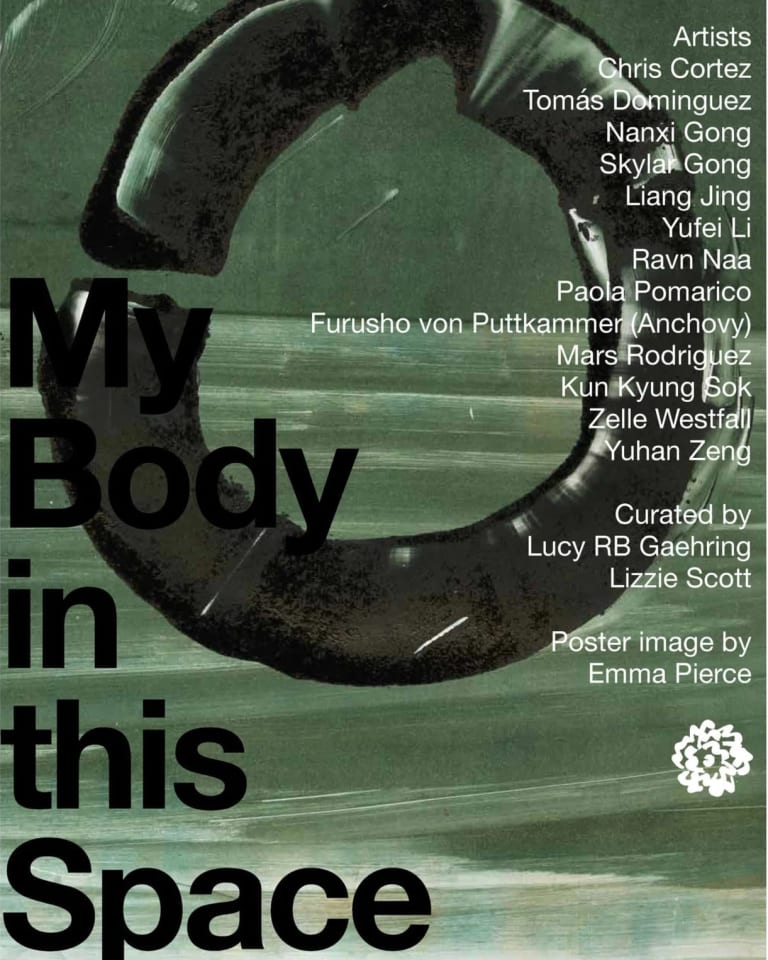 Poster for performance series showing the day, time and artists involved. There is an image of a black circle on a green background behind the words.