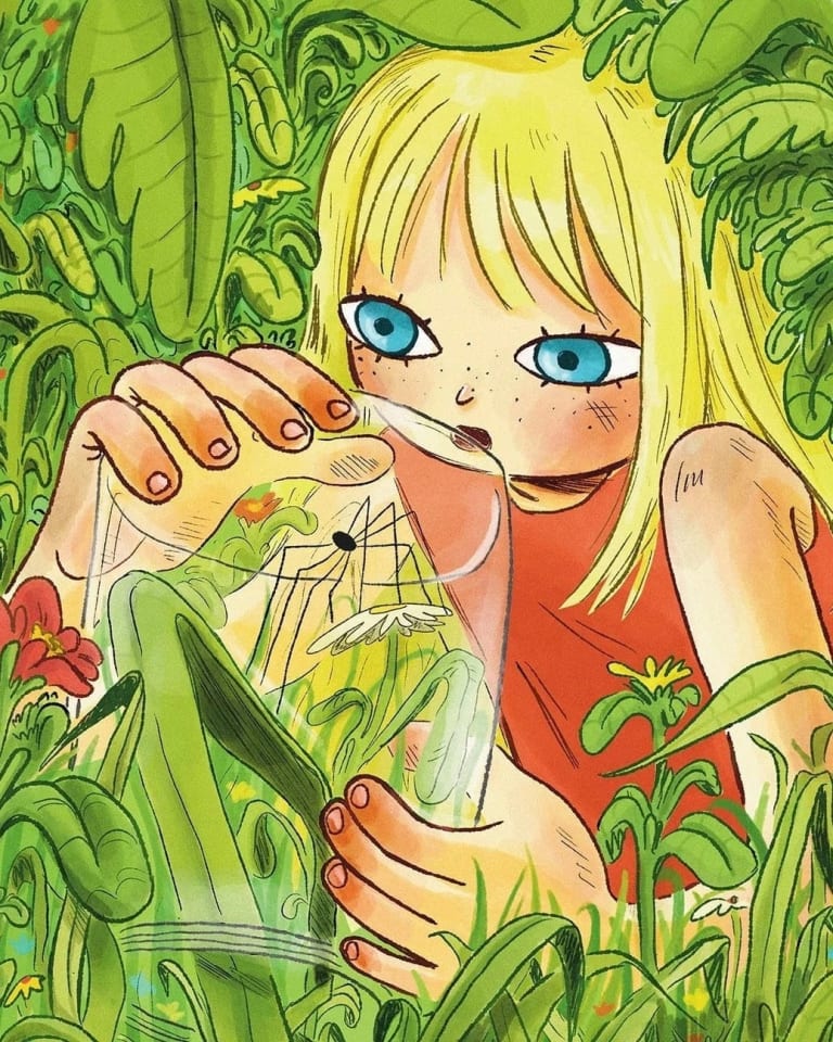 A drawing of a blonde girl sitting in foliage, holding a glass jar with a spider inside, looking at the spider.