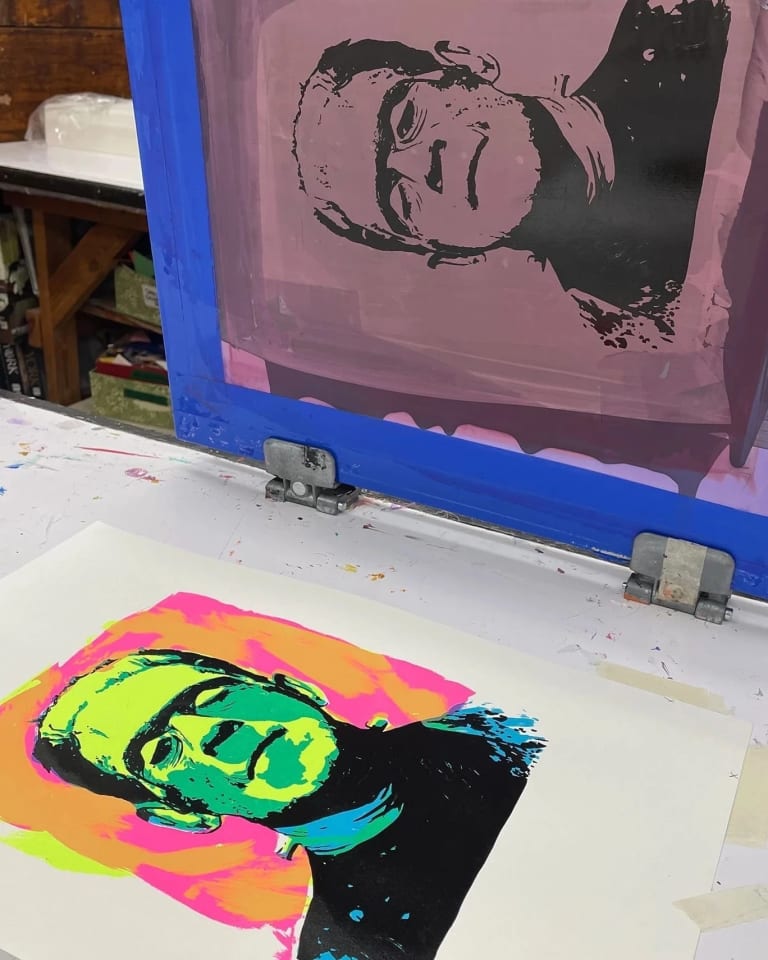 Image of a silkscreen print of Frankenstein in multiple colors.