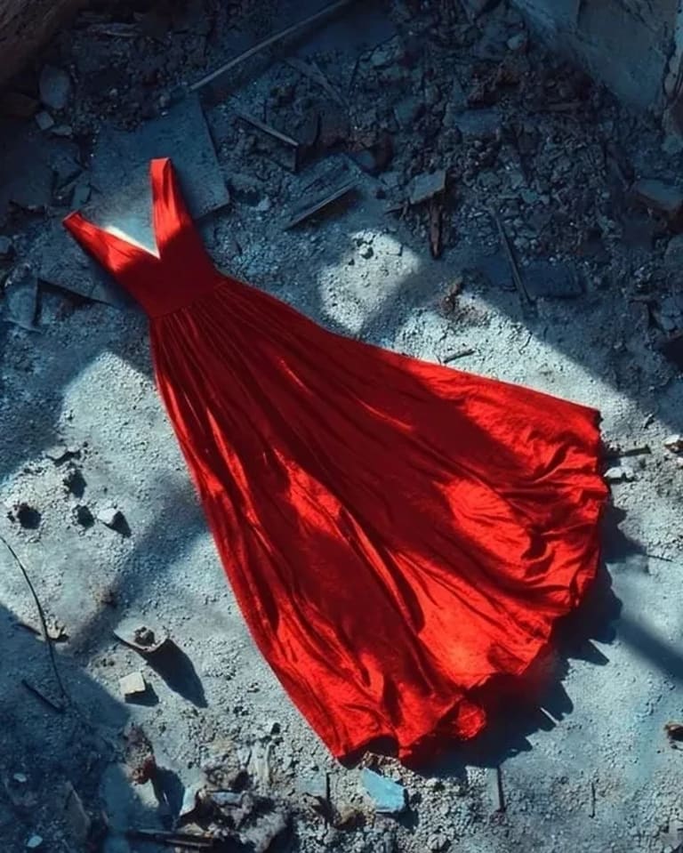 Red dress laying on the floor of a burnt down room