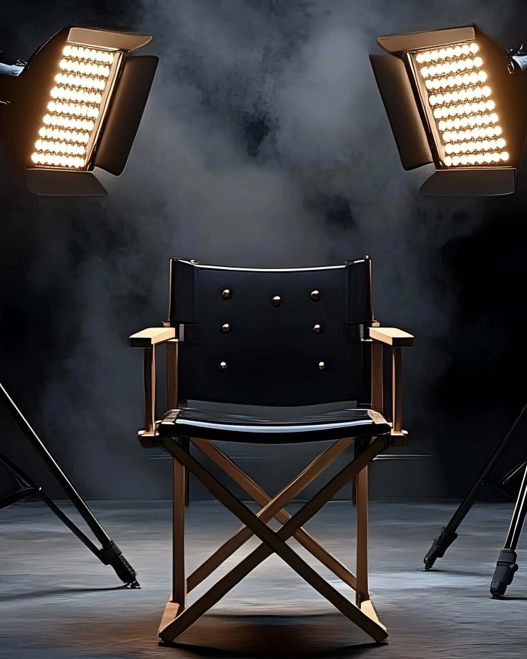 Camera and studio lights pointed at chair