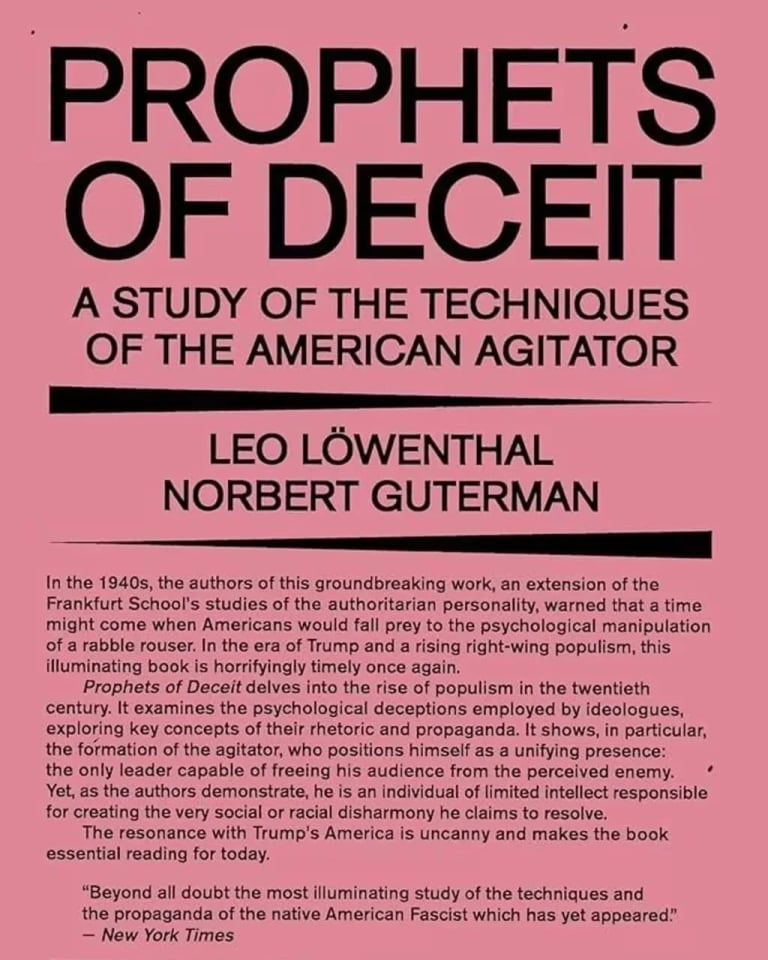 Cover of Lowenthal and Guterman book, Prophets of Deceit, with text on pink