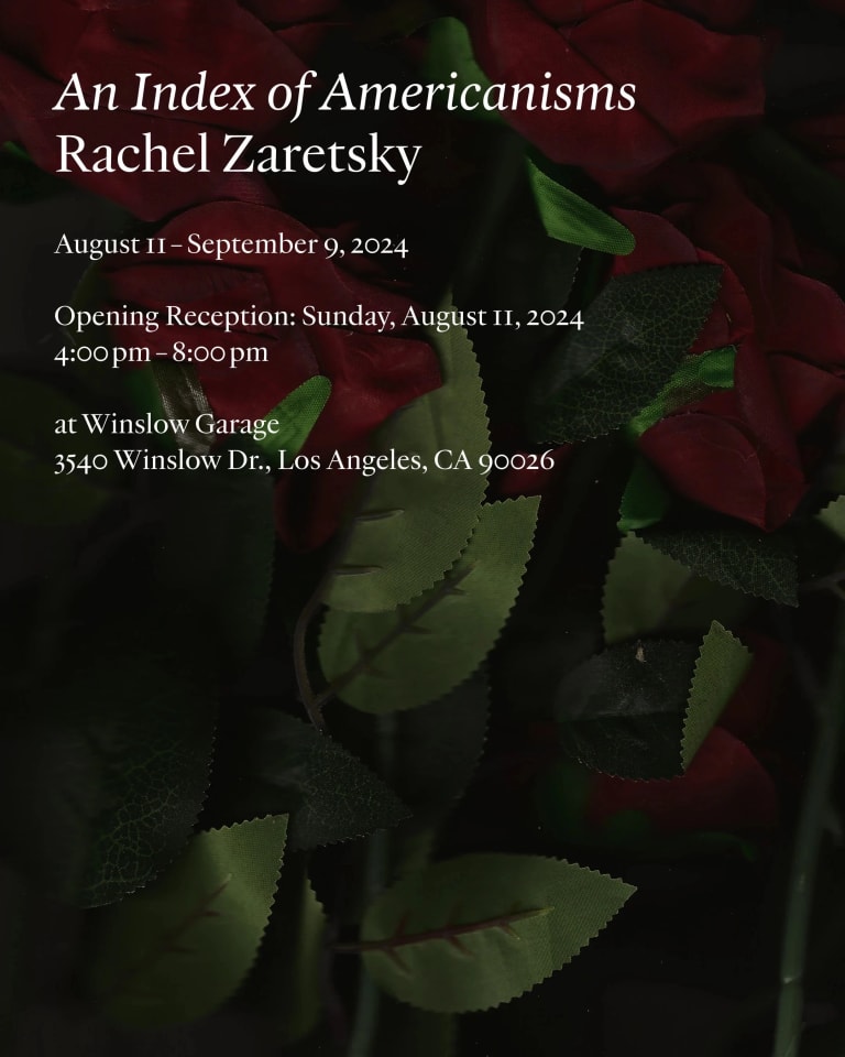 Invitation flyer presenting the exhibition information in white text on a dark green background containing obscure images of leaves