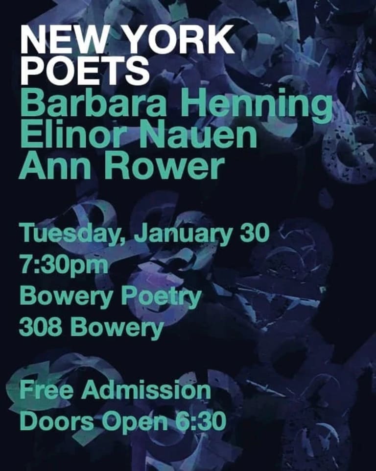 Event announcement flyer with the title New York Poets in white sans serif font, and the participants’ names, time, and location in turquoise font against a dark blue background filled with abstract shapes reminiscent of letters of the alphabet