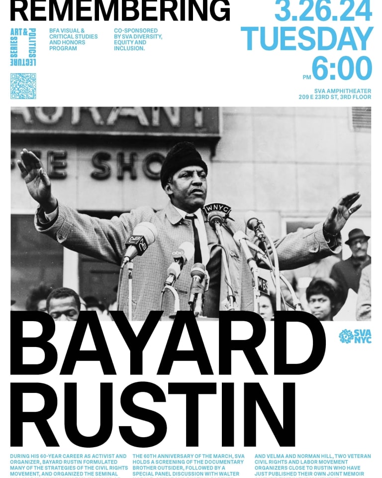 Event poster, Bayard Rustin, arms spread, in front of a crowd in NYC 