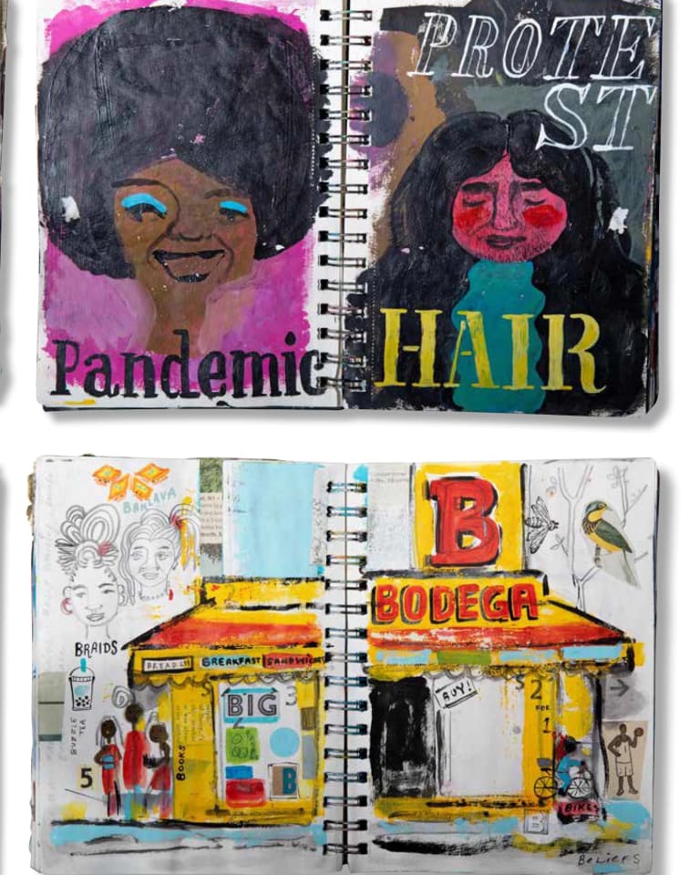 Two spreads of a sketchbook with a variety of different colorful gouache paint illustrations. 
