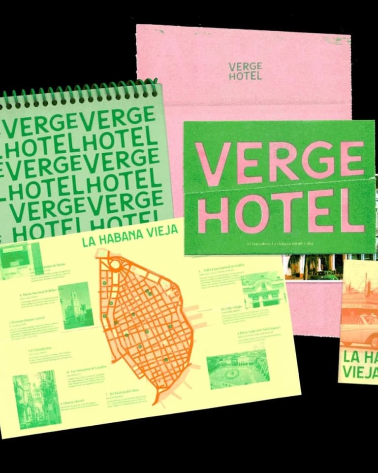 a colorful postcard collage with yellow, pink and green imagery that say "Verge Hotel" on them on a black background.
