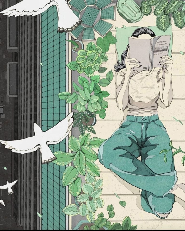 An illustration of a woman with green-ish hues a building reading a book, surrounded by verdant flowers and while birds flying nearby.