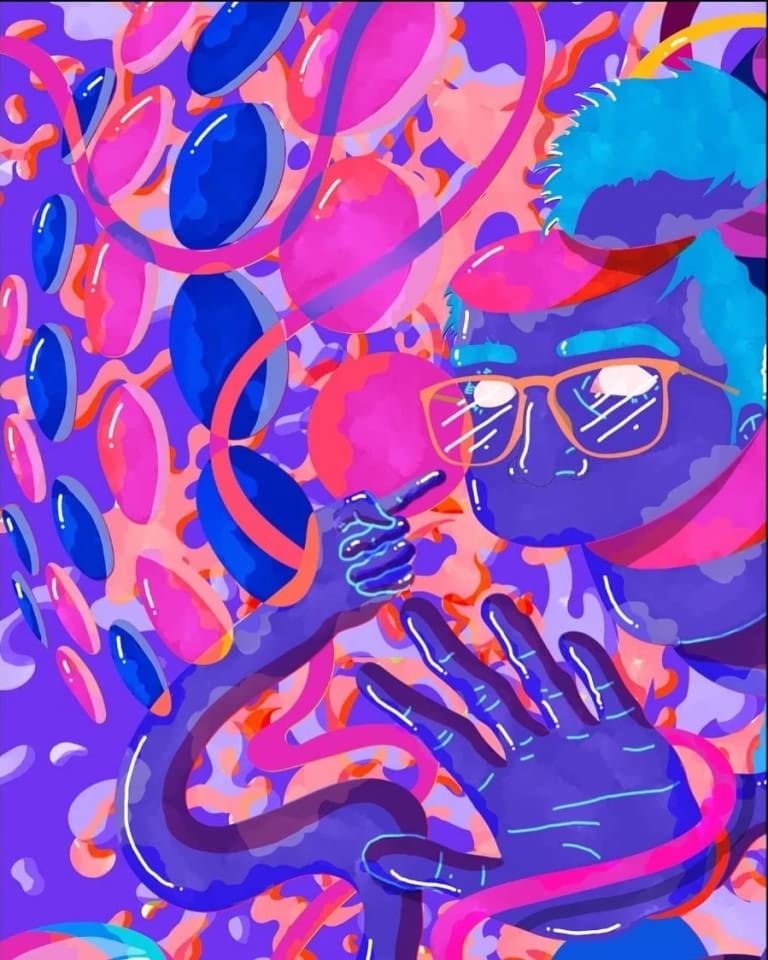 A colorful life tryptch design with a man in glasses pointing at his face with his hand held out.