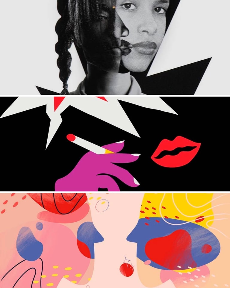 Three images: The first one is a collage of two women's faces, mostly in black and white. The second one is a graphic illustration of a pair of lips on a black blackground smoking a cigarette. The third one is an illustration in pastel tones of the outlines of two faces, filled with organic shapes and colors, facing each other. 
