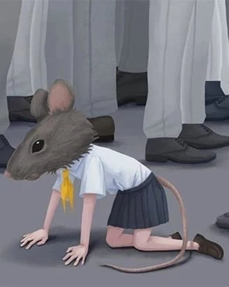  The subject of this illustration is a girl with a rat's head and tail, bent on her knees, surrounded by people wearing men’s suit pants and shoes. Use this image for both headers. 