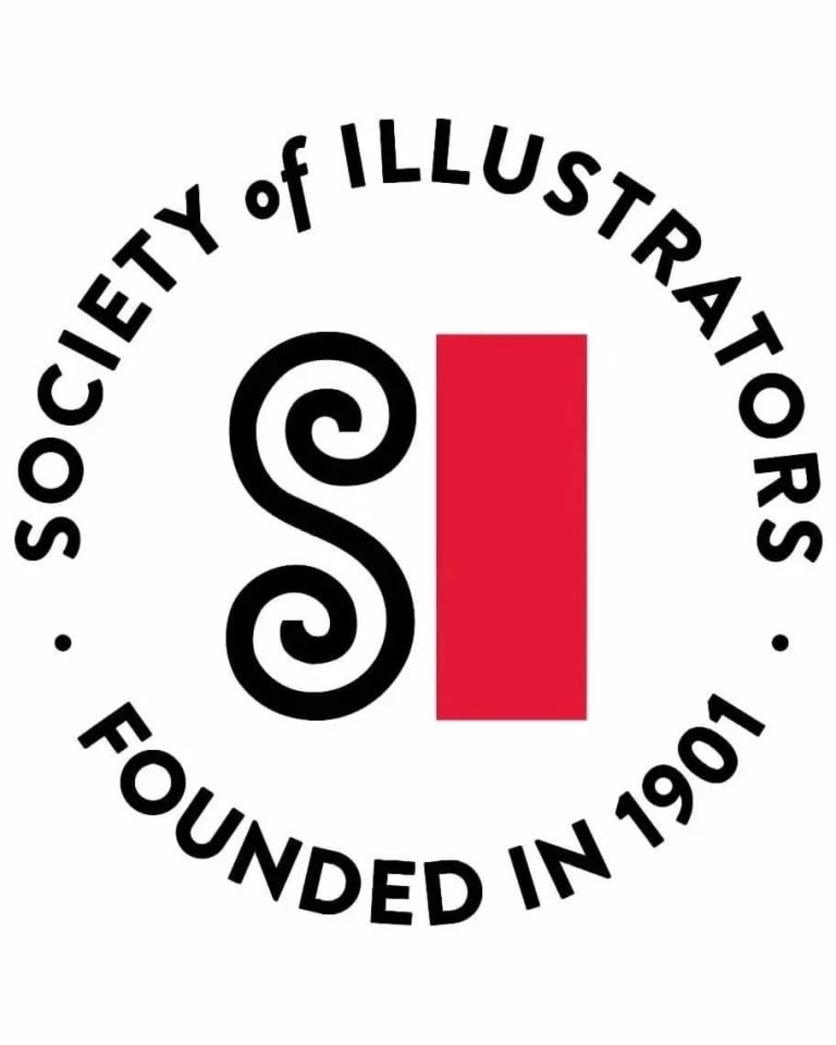 A black caligraphy-drawn "S" next to a red Square resembling an "I," the words "Society Of Illustrators," in black ink above, "Founded in 1901" below.