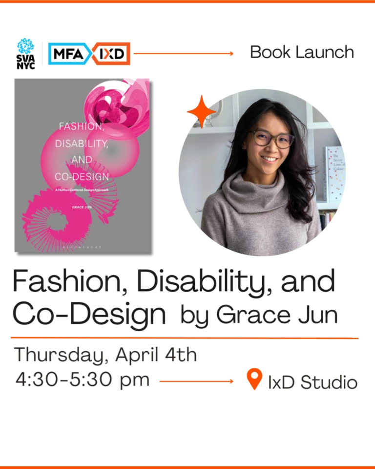 Graphic with book cover image and photo of author Grace Jun. Text: Book Launch with Grace Jun. Thursday, April 4th, 4:30-5:30 pm. MFA Interaction Design 136 W. 21st Street 3rd floor, NYC.