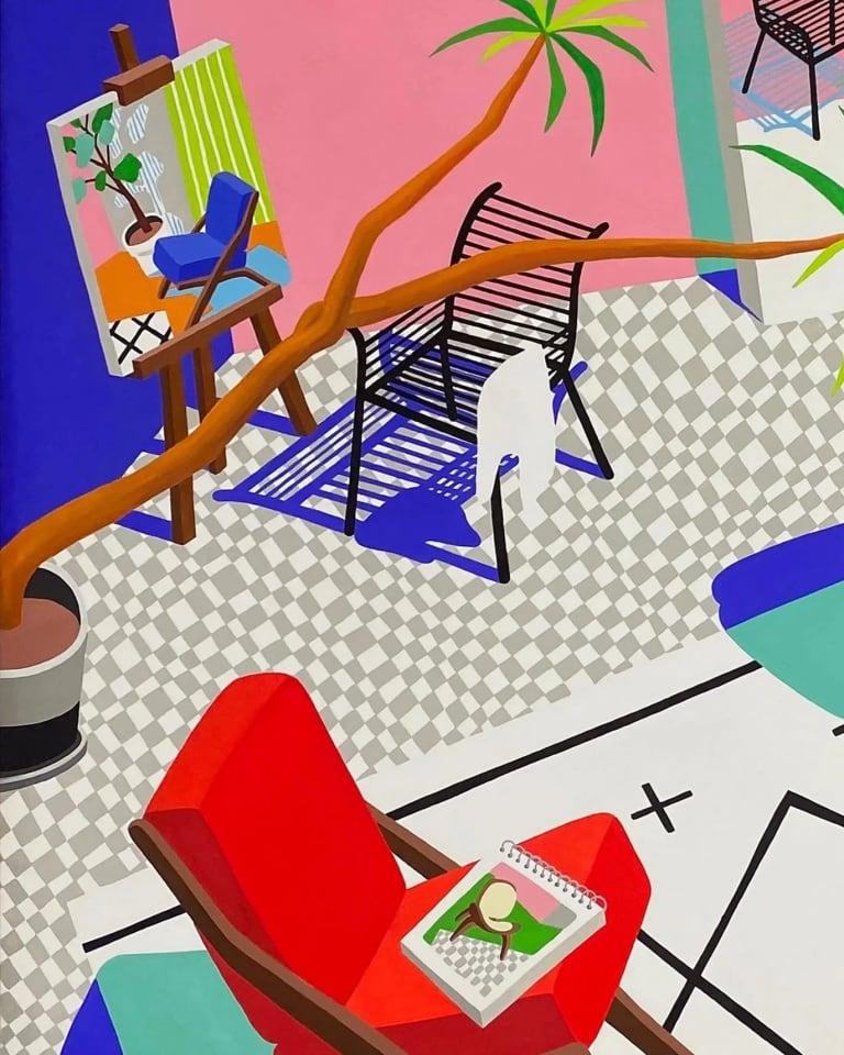 Painting of a living room with chairs and stools scattered on a rug and a checkered floor with a tree and a computer at a desk on each side.