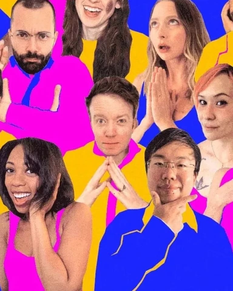 A blue, yellow and pink collage cutout image of dozens of comedians smiling and posing.