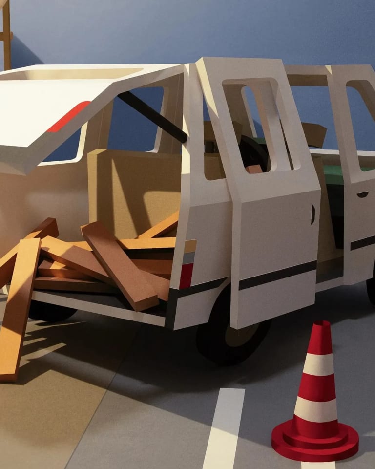 a white van on a street, with an open trunk and lumber spilling from the back. The entire scene is made of paper.