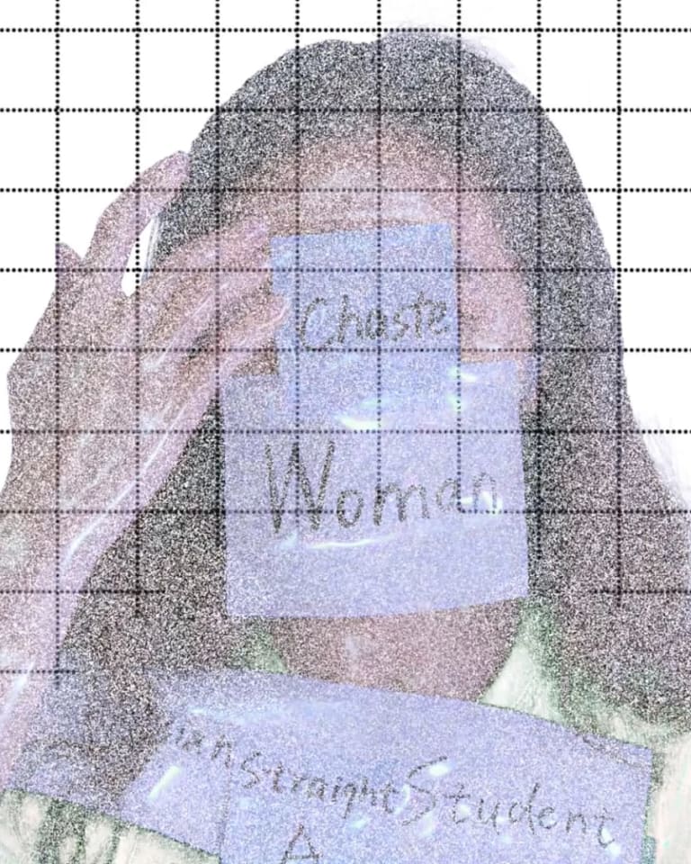 Image of a person against a white background, with labels adhered to their skin like "Chaste Woman" and "Straight A Student," with a superimposed black grid outline.