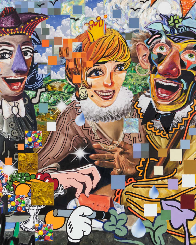 Painting of three people playing a card game with flowers, gumball machines, chalices, and squares collaged throughout.