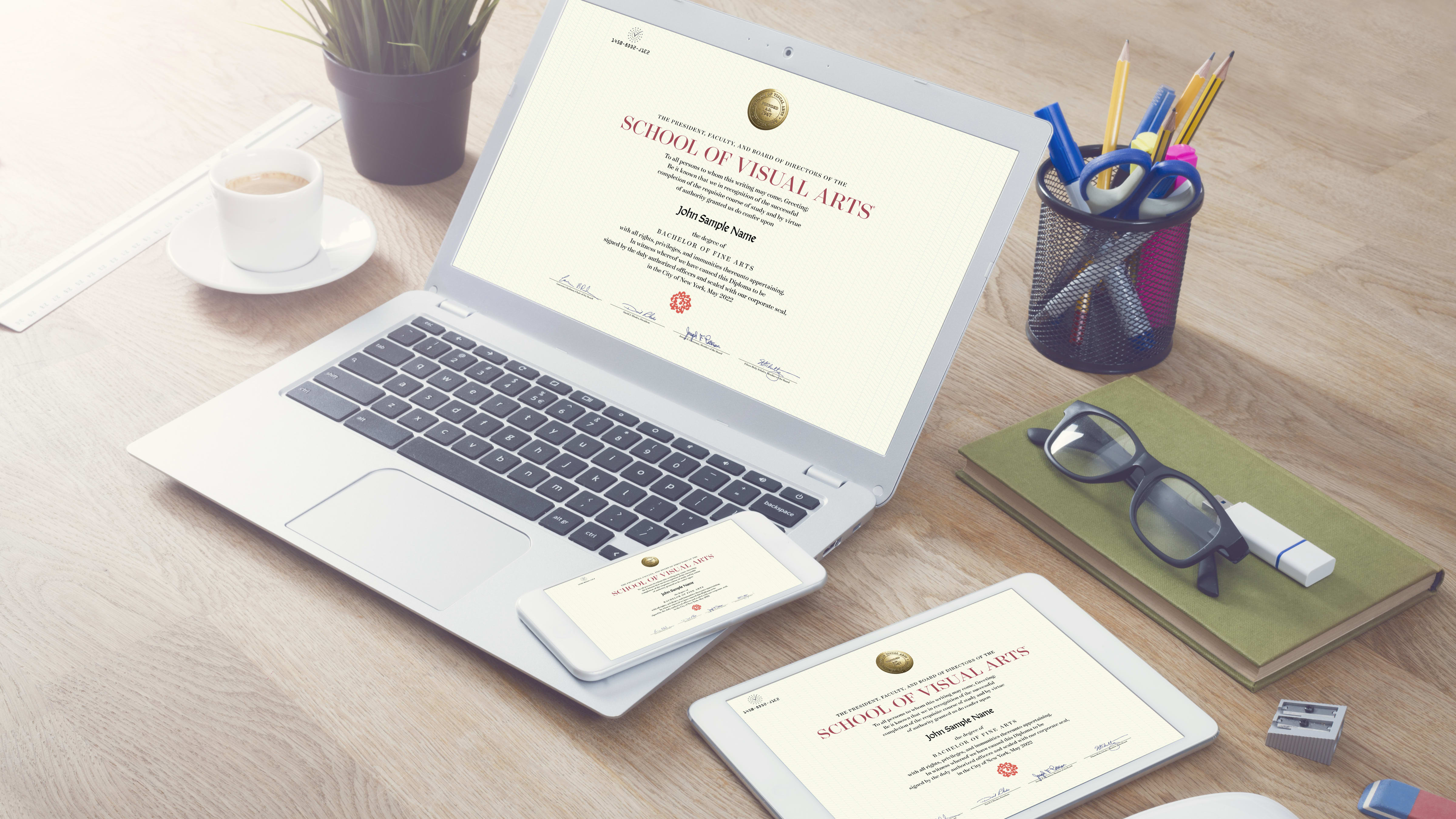 A laptop, mobile phone and tablet displaying a digital diploma