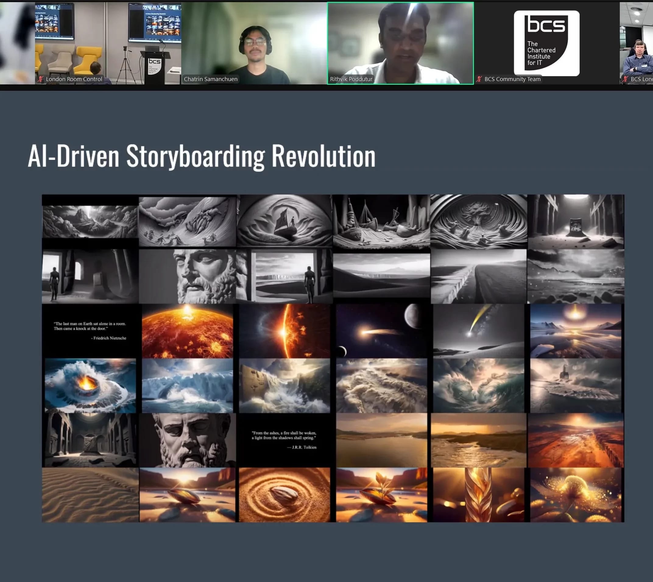 Screen grab of a Zoom presentation showing an AI storyboard