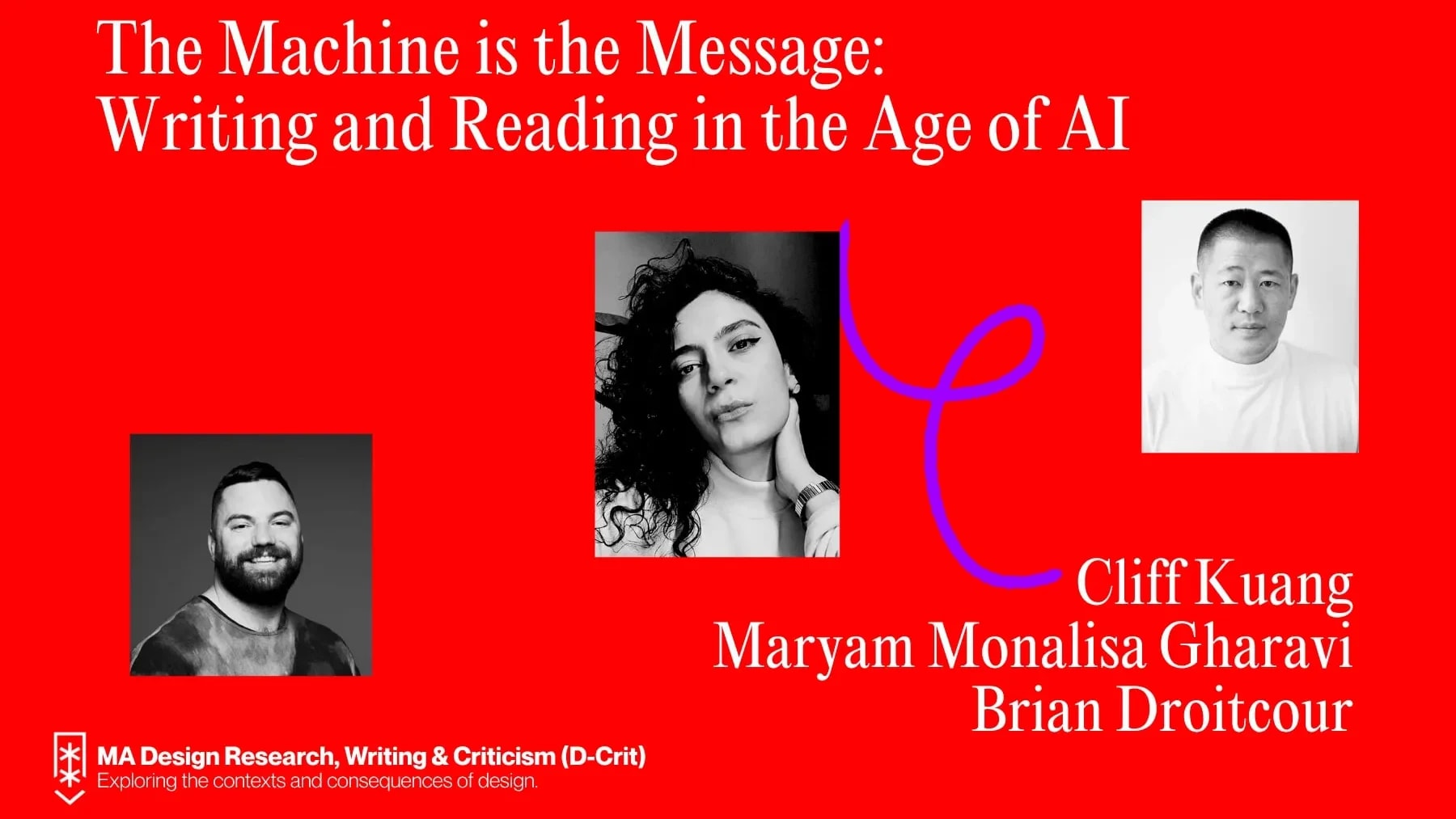 Red flyer for D-Crit’s The Machine is the Message talk, featuring Droitcour, Gharavi, and Kuang, Nov 20 at 6:30 PM ET.
