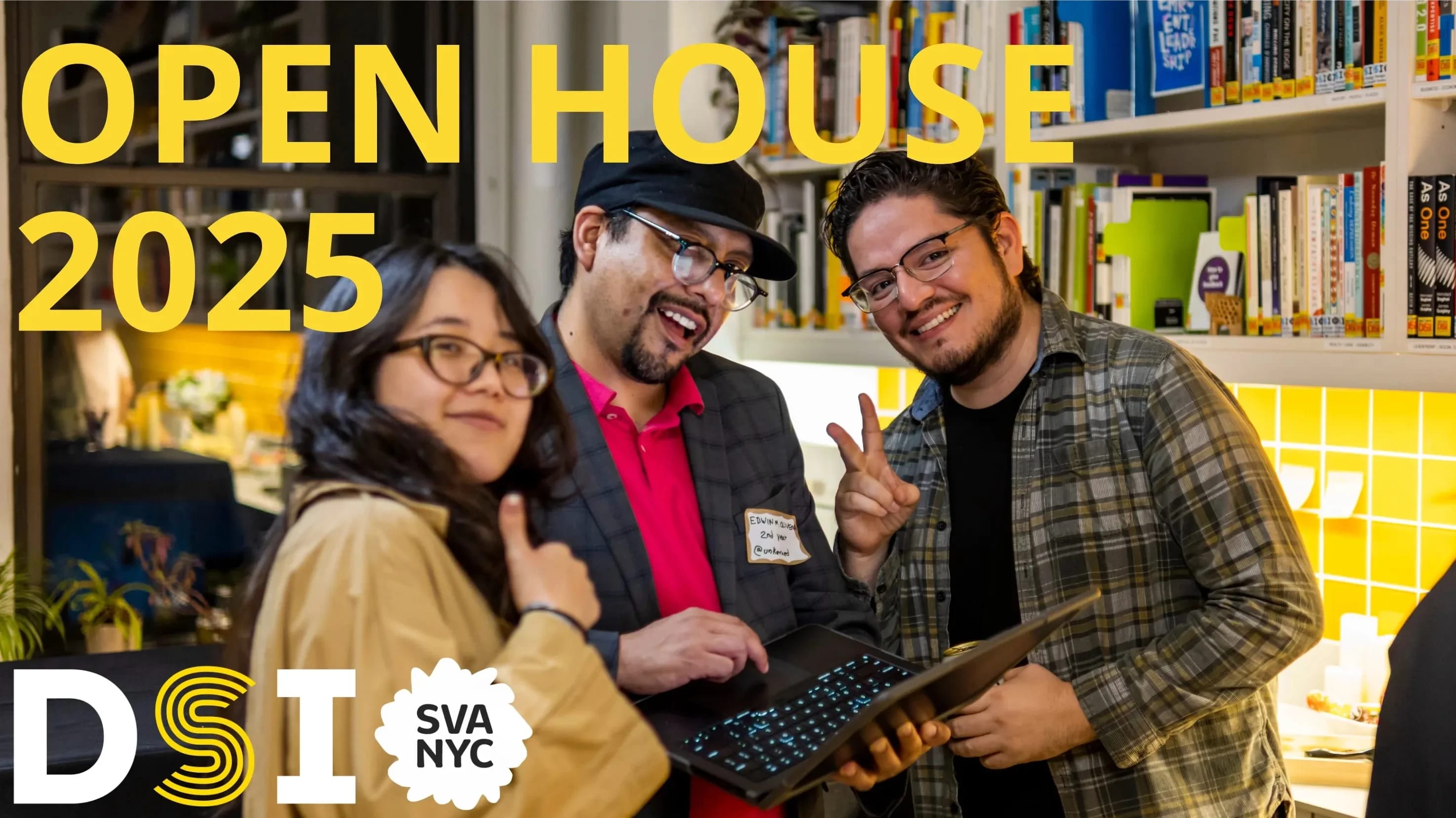 3 students smiling at the camera, one on the right is holding up the peace sign and one on the far left is holding a thumbs up