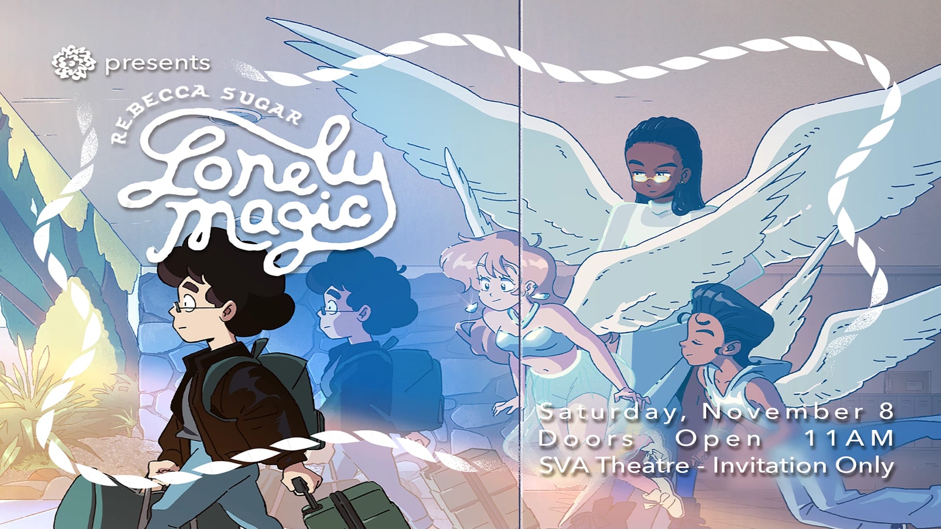 Animated promo image of a young person walking away with suitcases while angels watches over them