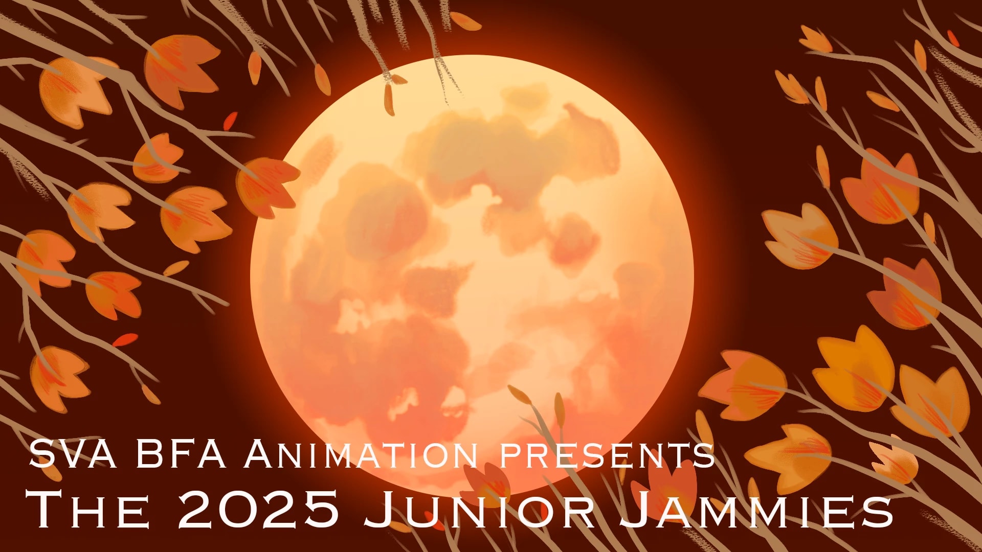 Illustration of a glowing orange full moon encircled by flowers.